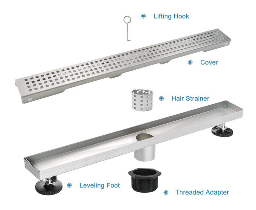 F8888 Floor Drain, Linear Shower Drain Rectangular Floor Drain with Accessories Square Hole Pattern Cover Grate Removable SUS304
