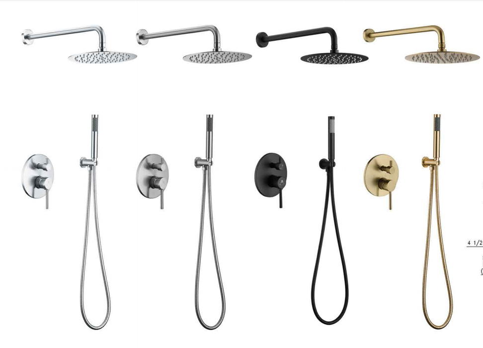 F104 Shower System 10 Inch Round Rainfall Showerhead Wall Mounted High Pressure Shower Faucet Set Fixture Combo with Rough in Valve and Cylindrical Handheld Spray