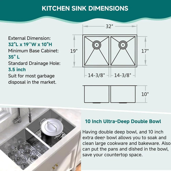 32 Inch Undermount Double Bowl Stainless Steel Kitchen Sink 16 gauge 32*19*10 KDK-3219D