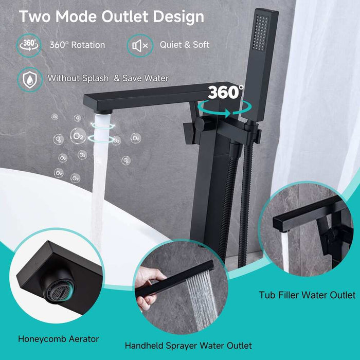 Freestanding Bathtub Faucet with Handheld Spray Single, High Flow Waterfall Bath Shower Faucet, Floor Mount Bathtub Faucet Swivel Flat KDK-F101