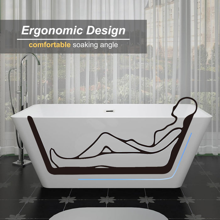 55/59/67 Inch Freestanding Bathtub, Acrylic Deep Soaking Tub, Non-Slip Base,  Chrome Drain Modern Tub for Bathrooms KBT-2