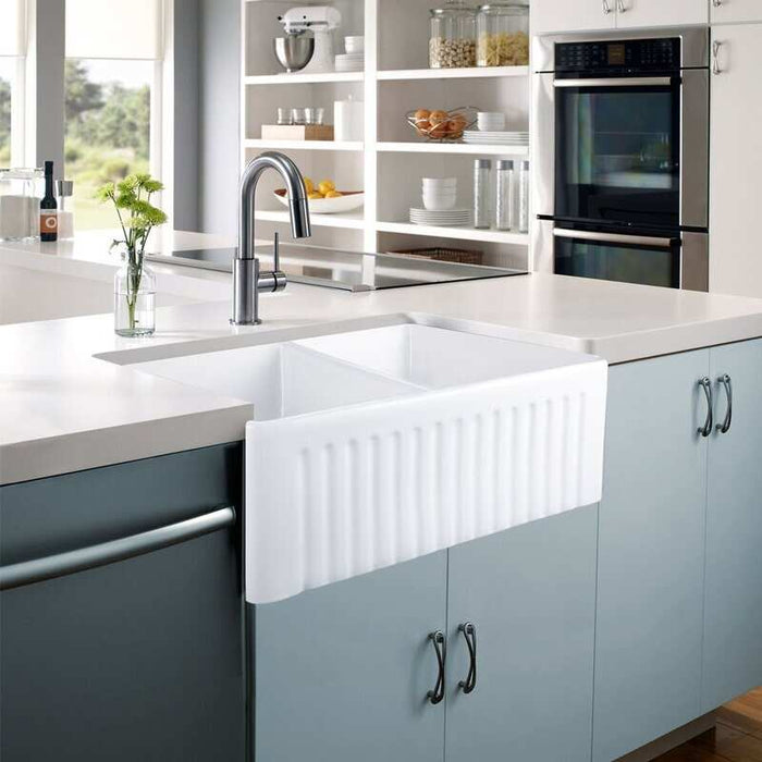 30 Inch Double Bowl Ceramic Farmhouse Kitchen Sink Reversible Apron Front Sink KDK-B40D