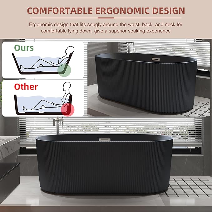 59/67 Inch Matte Black Freestanding Soaking Acrylic Bathtub with Overflow, cUPC Certified KBT-3W