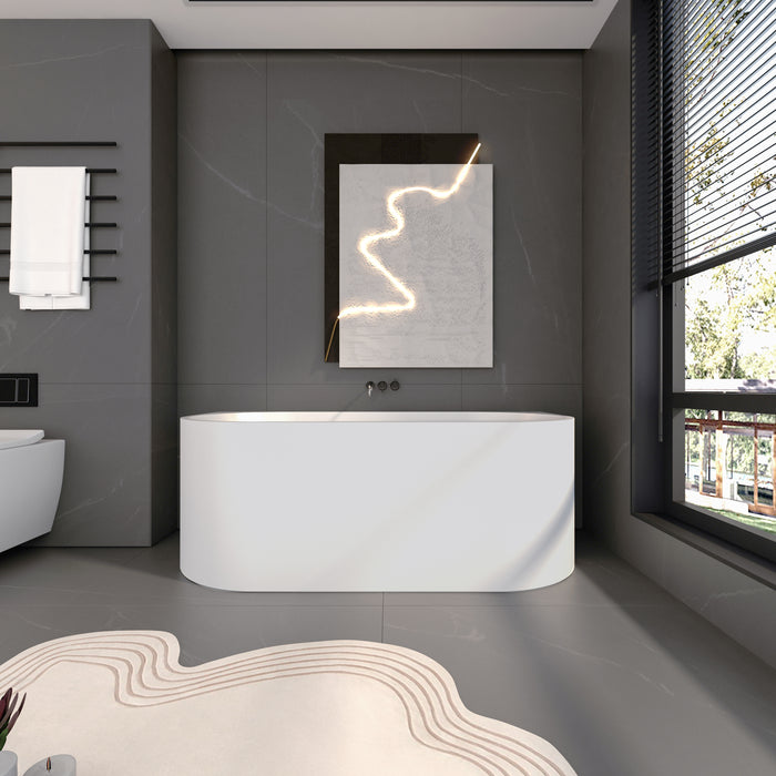 Harmira Back-to-Wall Acrylic Bathtub, Gloss White, 1400/1500/1700mm, V-Groove Design, Adjustable Legs