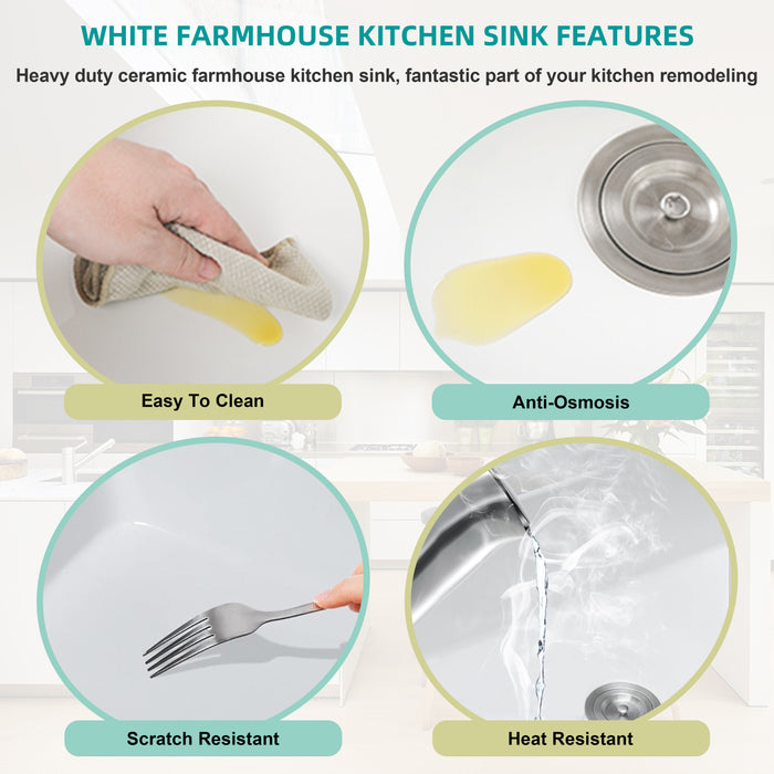 30 Inch Ceramic Farmhouse Single Bowl Reversible Apron Front  Kitchen Sink KDK-B40