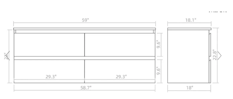 PVC Cabinet Bathroom Vanity With Ceramic Top 58-1/2"x18-1/8"x22"