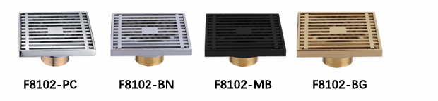 Copper Floor Drain – Square Bathroom Drain, 9.0mm Thick (Chrome / Nickel / Black / Gold)  F8102 PC/BN/MB/BG