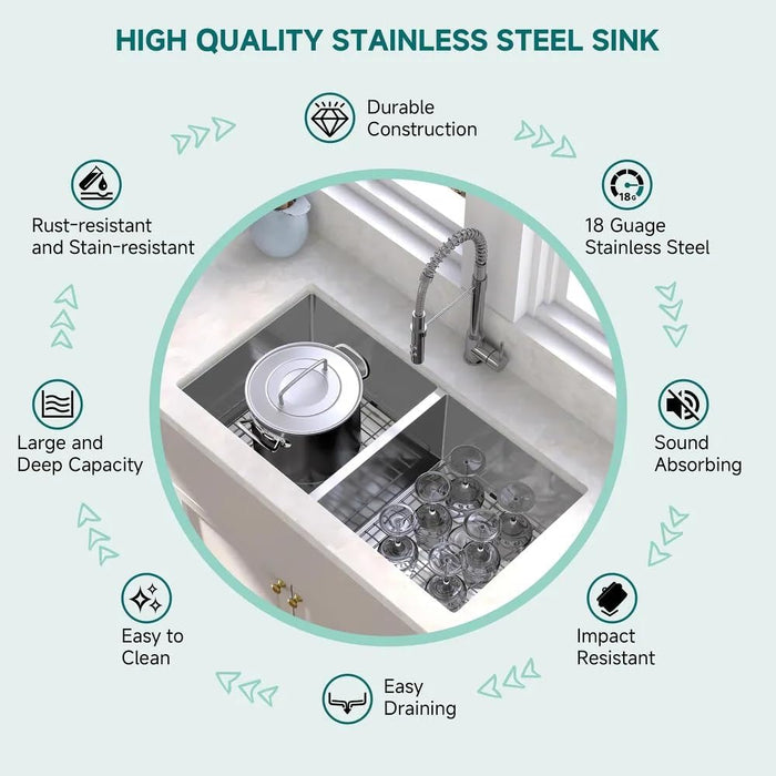 32 Inch Undermount Double Bowl Stainless Steel Kitchen Sink 16 gauge 32*19*10 KDK-3219D