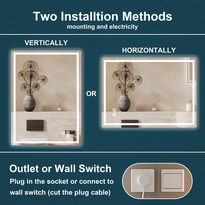 LED Backlit Bathroom Mirror – Anti-Fog, 3CCT Lighting (24"–72") KDK-AW