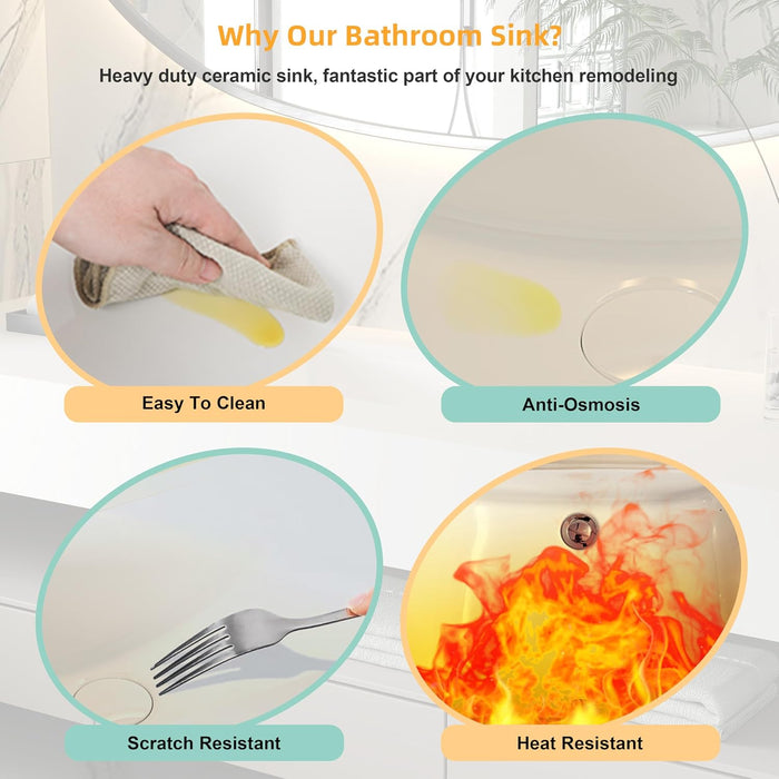 21 Inch Undermount Rectangle Ceramic Bathroom Sink, Pure White KDK-B03