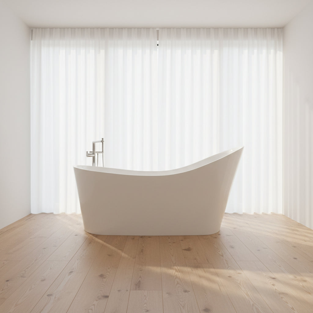 A modern freestanding bathtub with a curved, open design and a chrome faucet, shown against a neutral gray background.