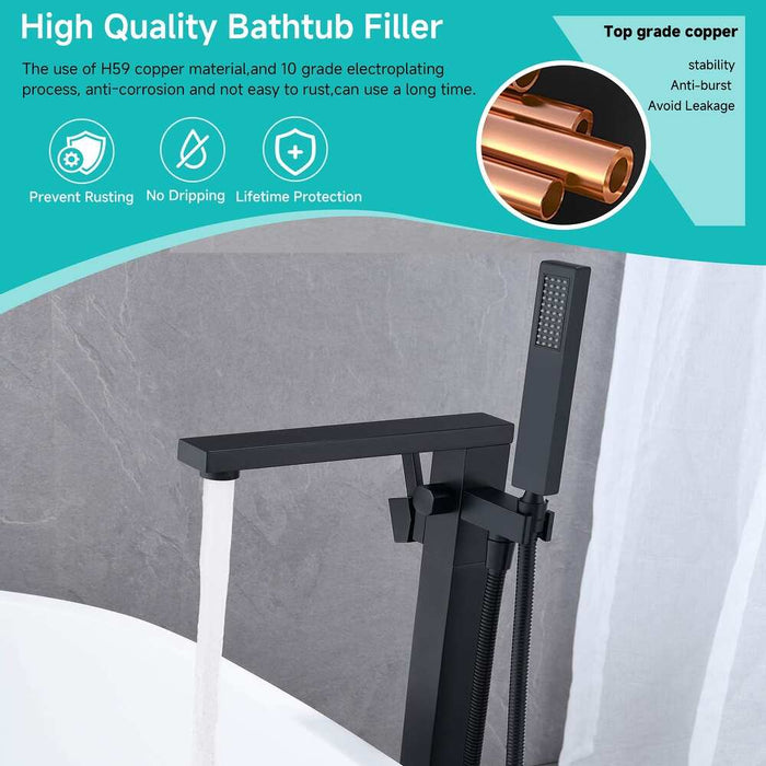 Freestanding Bathtub Faucet with Handheld Spray Single, High Flow Waterfall Bath Shower Faucet, Floor Mount Bathtub Faucet Swivel Flat KDK-F101