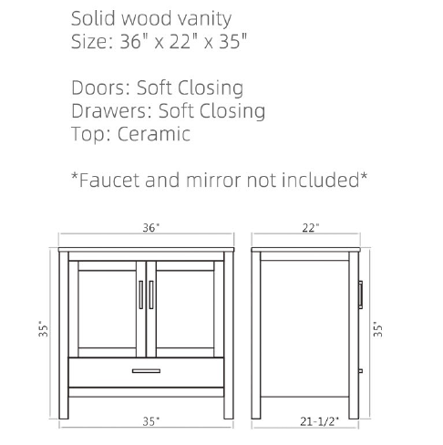 24/30/36 Inch Freestanding Solid Wood Bathroom Vanity with Ceramic Top V2201