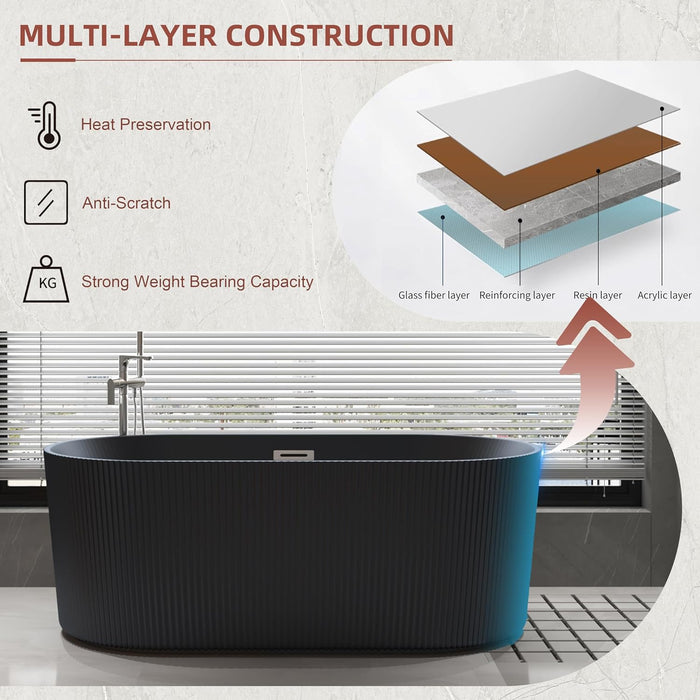 59/67 Inch Matte Black Freestanding Soaking Acrylic Bathtub with Overflow, cUPC Certified KBT-3W