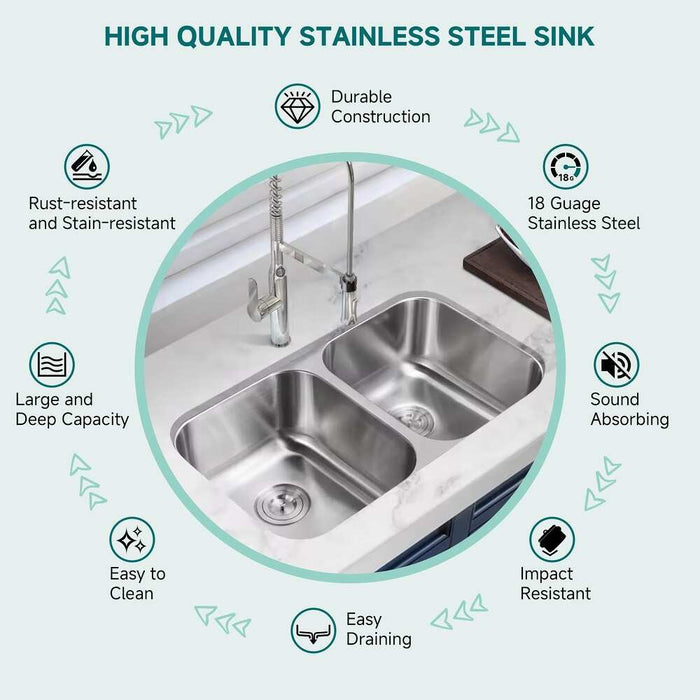 32 Inch Undermount Double Bowl Stainless Steel Kitchen Sink 32-1/4*18-1/2*9 KDK-8247