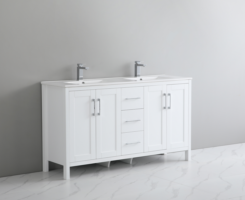 60 Inch PVC Bathroom Vanity With Ceramic Sink Top, Solid Wood Legs 60"*18"*33.5" P1801-60D