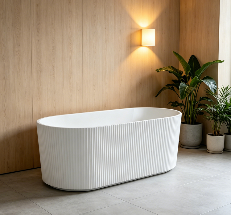 Ronelle Fluted Oval Freestanding Bathtub, Gloss/Matte White/Black, 1500/1700mm, Adjustable Legs, No Overflow