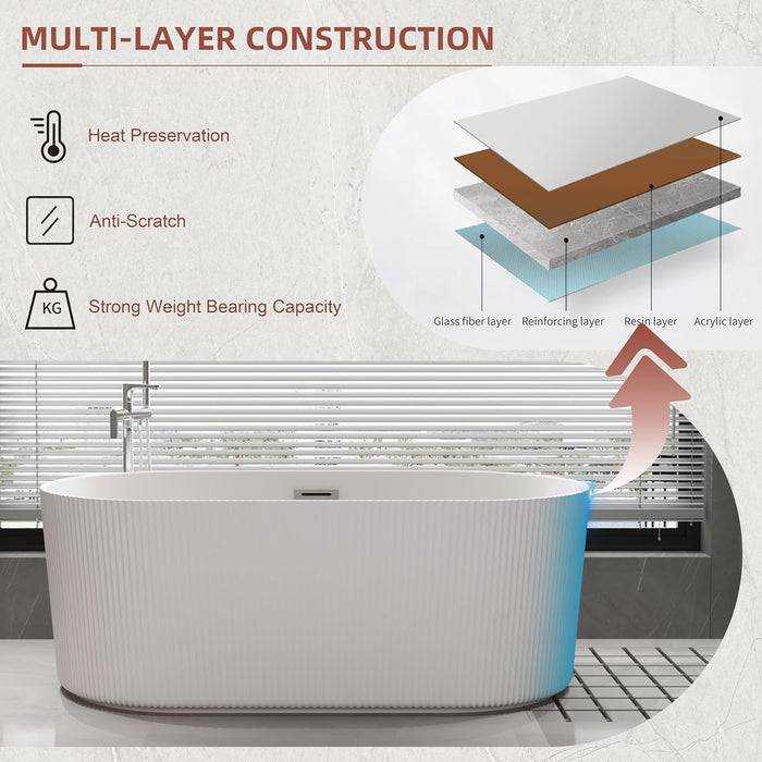 59/67 Inch Matte White Freestanding Soaking Acrylic Bathtub with Overflow, CUPC Certified KBT-3W