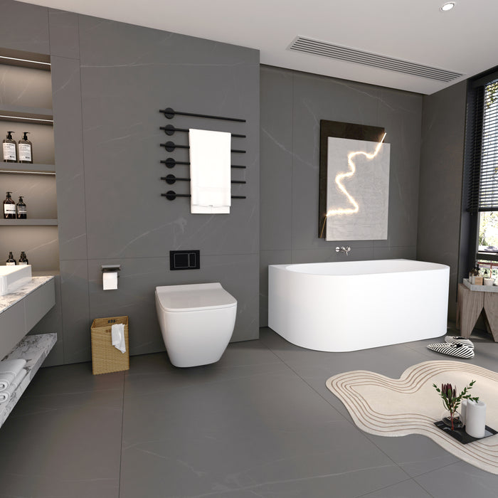 Harmira Back-to-Wall Acrylic Bathtub, Gloss White, 1400/1500/1700mm, V-Groove Design, Adjustable Legs