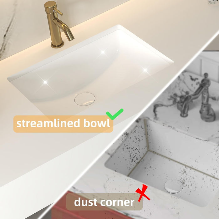 21 Inch Undermount Rectangle Ceramic Bathroom Sink, Pure White KDK-B03