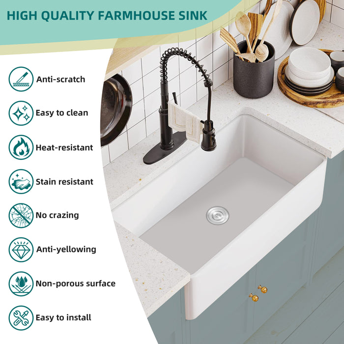 30 Inch Ceramic Farmhouse Single Bowl Reversible Apron Front  Kitchen Sink KDK-B40