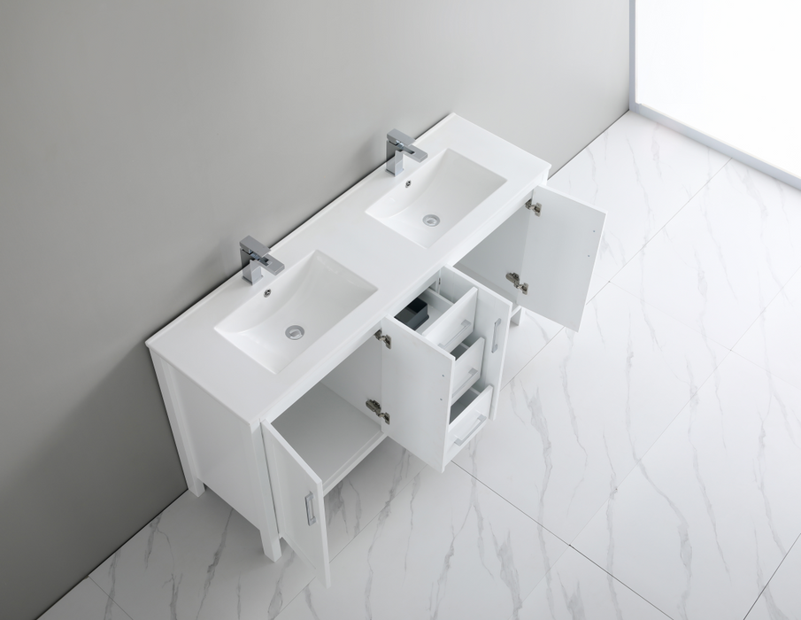 60 Inch PVC Bathroom Vanity With Ceramic Sink Top, Solid Wood Legs 60"*18"*33.5" P1801-60D