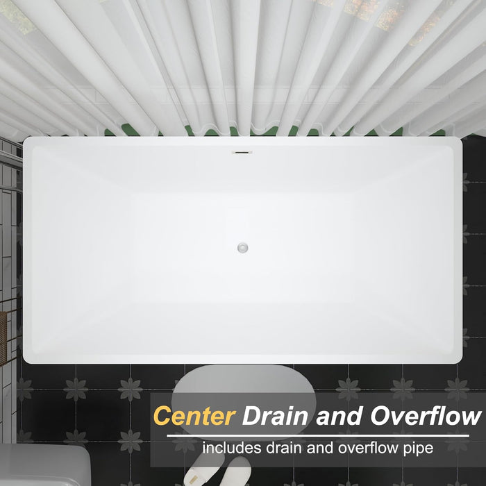 55/59/67 Inch Freestanding Bathtub, Acrylic Deep Soaking Tub, Non-Slip Base,  Chrome Drain Modern Tub for Bathrooms KBT-2