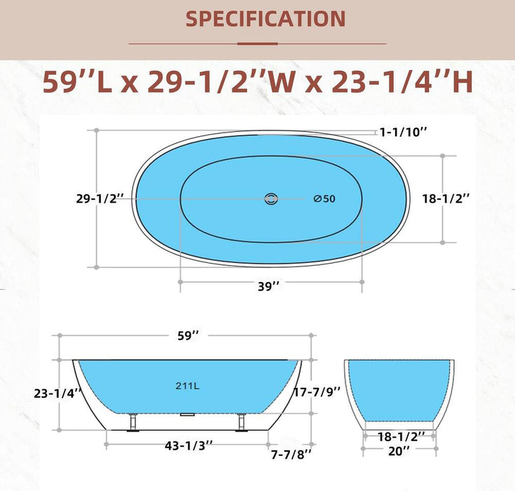 Glossy White Oval Freestanding Bathtub Acrylic with Overflow, cUPC Certified,  KBT-5
