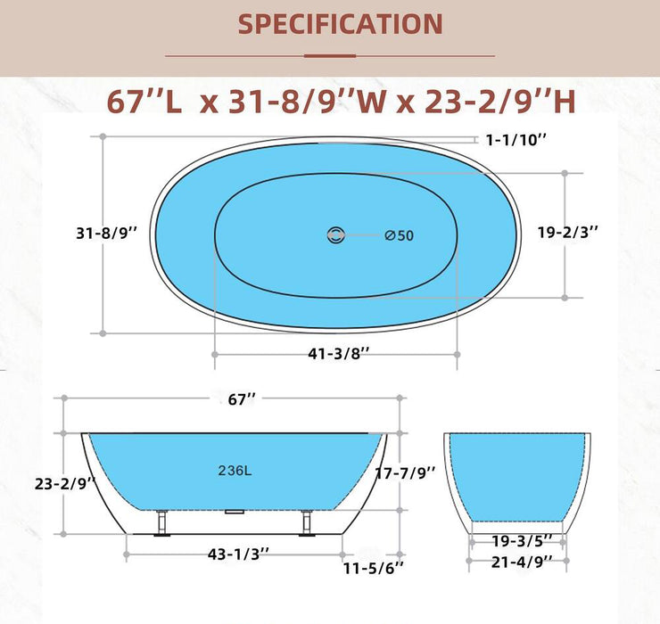 Glossy White Oval Freestanding Bathtub Acrylic with Overflow, cUPC Certified,  KBT-5