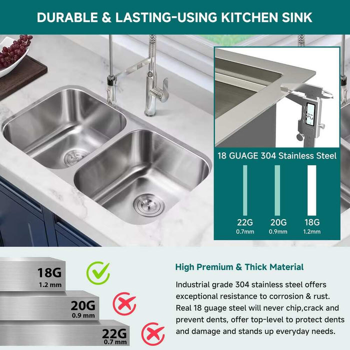 32 Inch Undermount Double Bowl Stainless Steel Kitchen Sink 32-1/4*18-1/2*9 KDK-8247