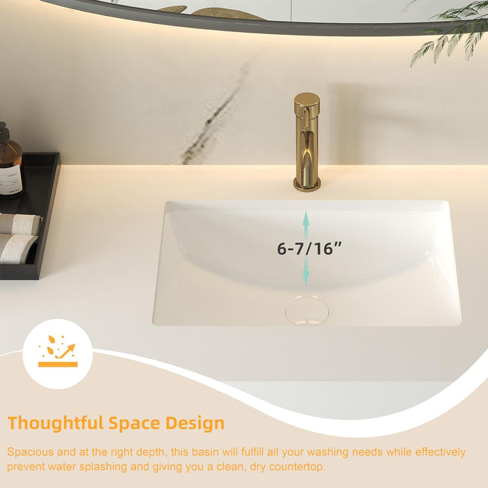 21 Inch Undermount Rectangle Ceramic Bathroom Sink, Pure White KDK-B03