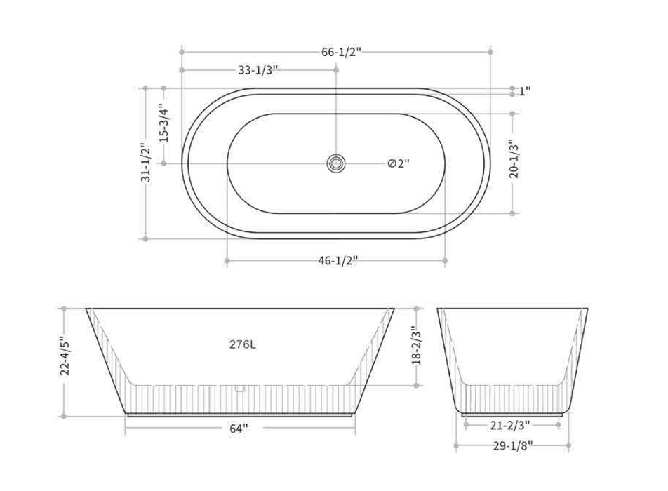 KBT-3W-1700 Freestanding Soaking Acrylic Bathtub, Contemporary Oval Soaking Tub with Overflow, cUPC Certified(66")