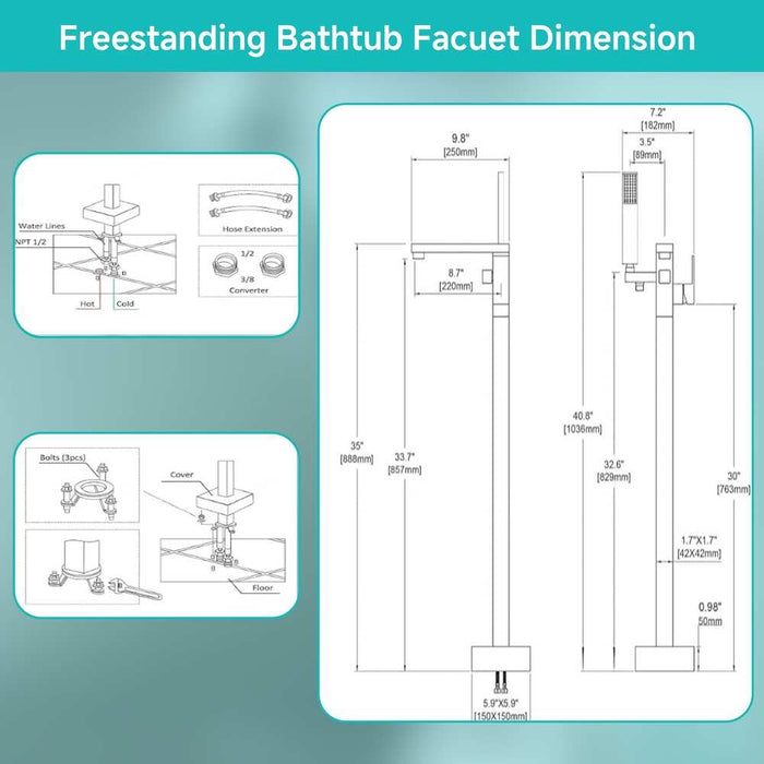 Freestanding Bathtub Faucet with Handheld Spray Single, High Flow Waterfall Bath Shower Faucet, Floor Mount Bathtub Faucet Swivel Flat KDK-F101