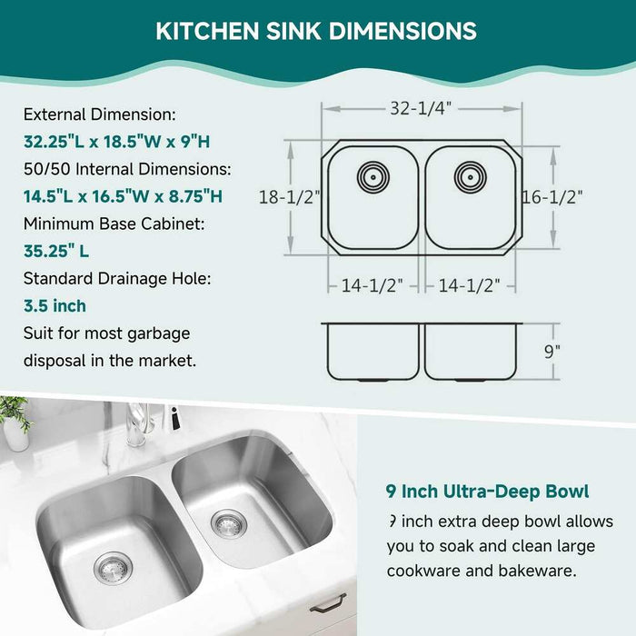 32 Inch Undermount Double Bowl Stainless Steel Kitchen Sink 32-1/4*18-1/2*9 KDK-8247