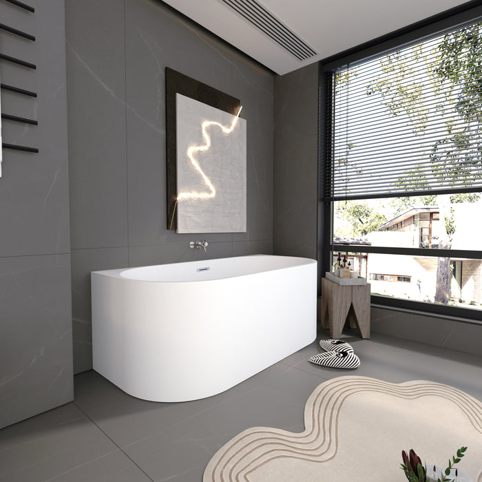 Harmira Back-to-Wall Acrylic Bathtub, Gloss White, 1400/1500/1700mm, V-Groove Design, Adjustable Legs