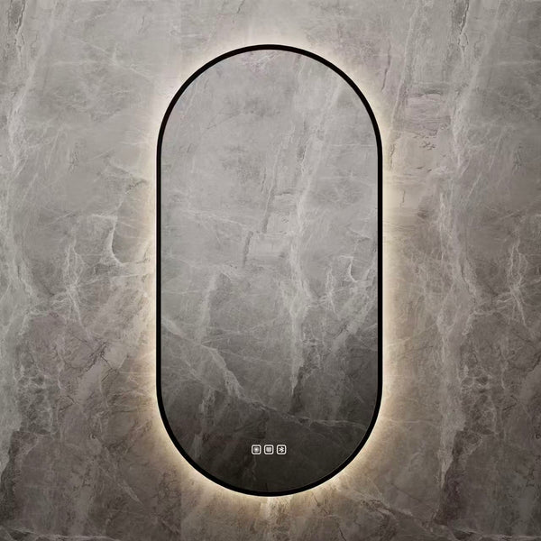 RUNWAY LED Backlit Bathroom Mirror, 500x900mm, Matte Black Aluminum Frame, Bluetooth Speakers, Defogger, CCT Adjustable, Touch Sensor