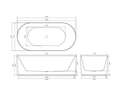 Ronelle Fluted Oval Freestanding Bathtub, Gloss/Matte White/Black, 1500/1700mm, Adjustable Legs, No Overflow