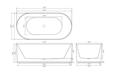 Ronelle Fluted Oval Freestanding Bathtub, Gloss/Matte White/Black, 1500/1700mm, Adjustable Legs, No Overflow