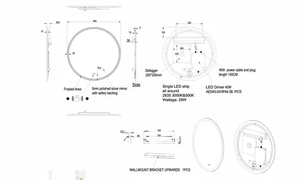 Ronda Smart Touch-Free Backlit LED Mirror, 600–900mm, Anti-Fog, 3 CCT Lighting, Copper-Free, 12V Low VoltageLRFM600/800/900