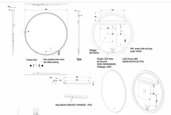 Ronda Smart Touch-Free Backlit LED Mirror, 600–900mm, Anti-Fog, 3 CCT Lighting, Copper-Free, 12V Low VoltageLRFM600/800/900