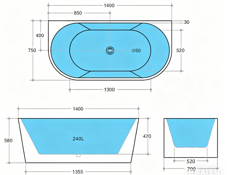 Harmira Back-to-Wall Acrylic Bathtub, Gloss White, 1400/1500/1700mm, V-Groove Design, Adjustable Legs