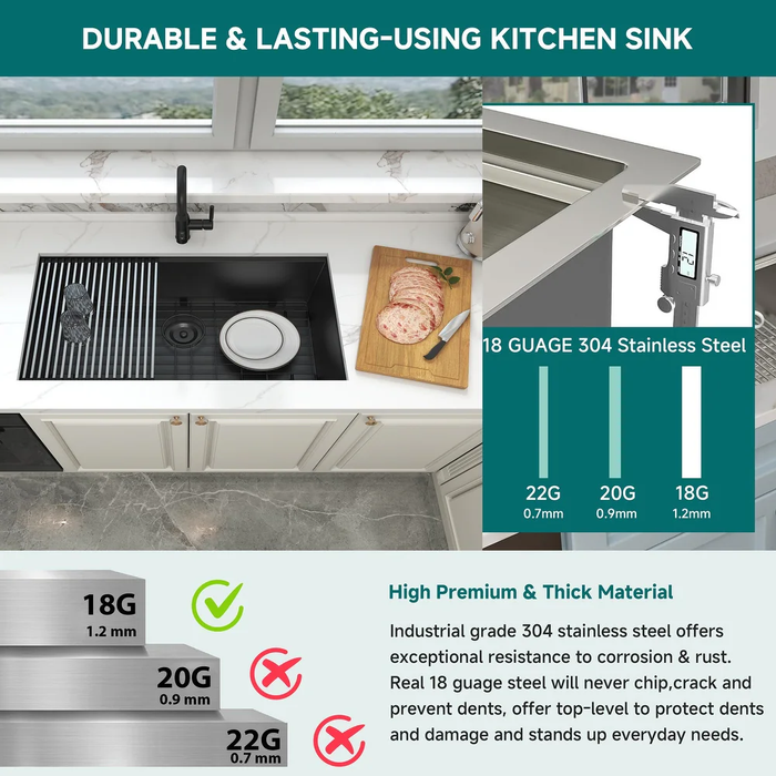 Black Single Bowl Stainless Steel Kitchen Sink,Workstation with Accessories KDK-3219WSG