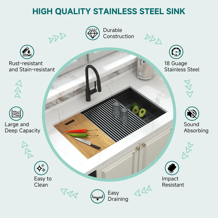 Black Single Bowl Stainless Steel Kitchen Sink,Workstation with Accessories KDK-3219WSG