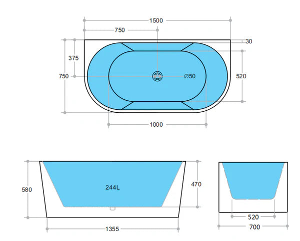 Harmira Back-to-Wall Acrylic Bathtub, Gloss White, 1400/1500/1700mm, V-Groove Design, Adjustable Legs