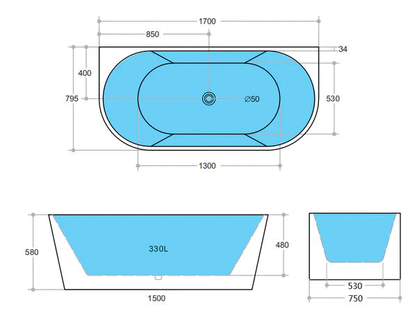 Harmira Back-to-Wall Acrylic Bathtub, Gloss White, 1400/1500/1700mm, V-Groove Design, Adjustable Legs