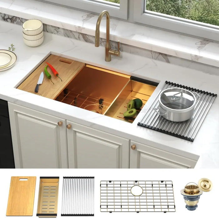 Gold Single Bowl Stainless Steel Kitchen Sink,Workstation with Accessories KDK-3219WST