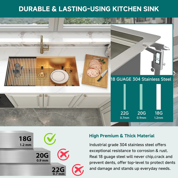 Gold Single Bowl Stainless Steel Kitchen Sink,Workstation with Accessories KDK-3219WST