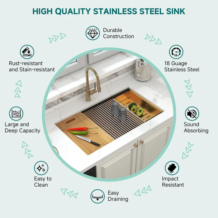 Gold Single Bowl Stainless Steel Kitchen Sink,Workstation with Accessories KDK-3219WST