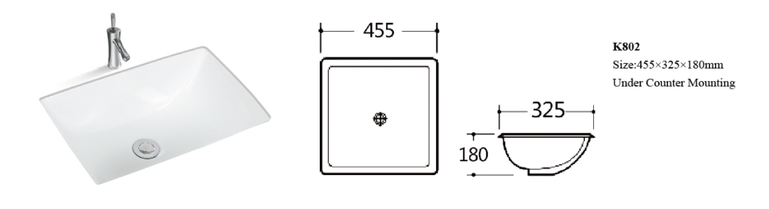 K802 Bathroom Sink, 18” Durable Rectangle Undermount Sink Vitreous Ceramic Lavatory Vanity Bathroom Restroom Sink Pure White