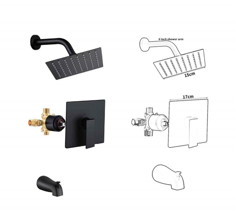 Tub Shower Faucet Set (Valve Included) with 6‘’ Rain Shower Head and Tub Spout, Single-Handle Tub and Shower Trim Kit, Matte Black(F33)
